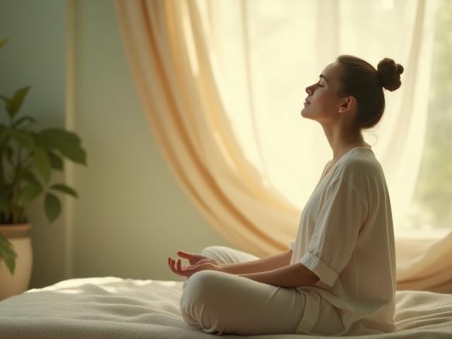 Une personne pratiquant des exercices de relaxation vocale dans un environnement calme